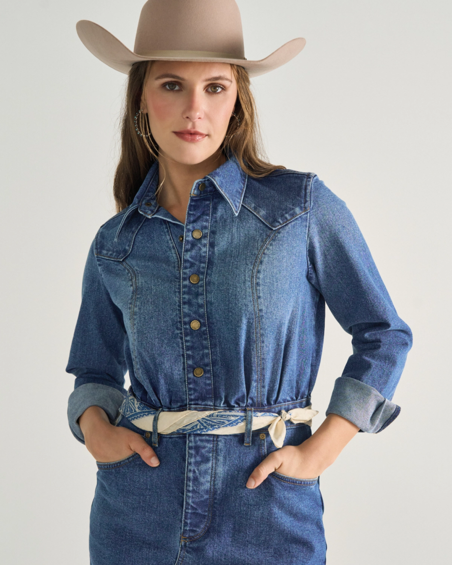 Women's Long Sleeve Denim Midi Dress - Image 3