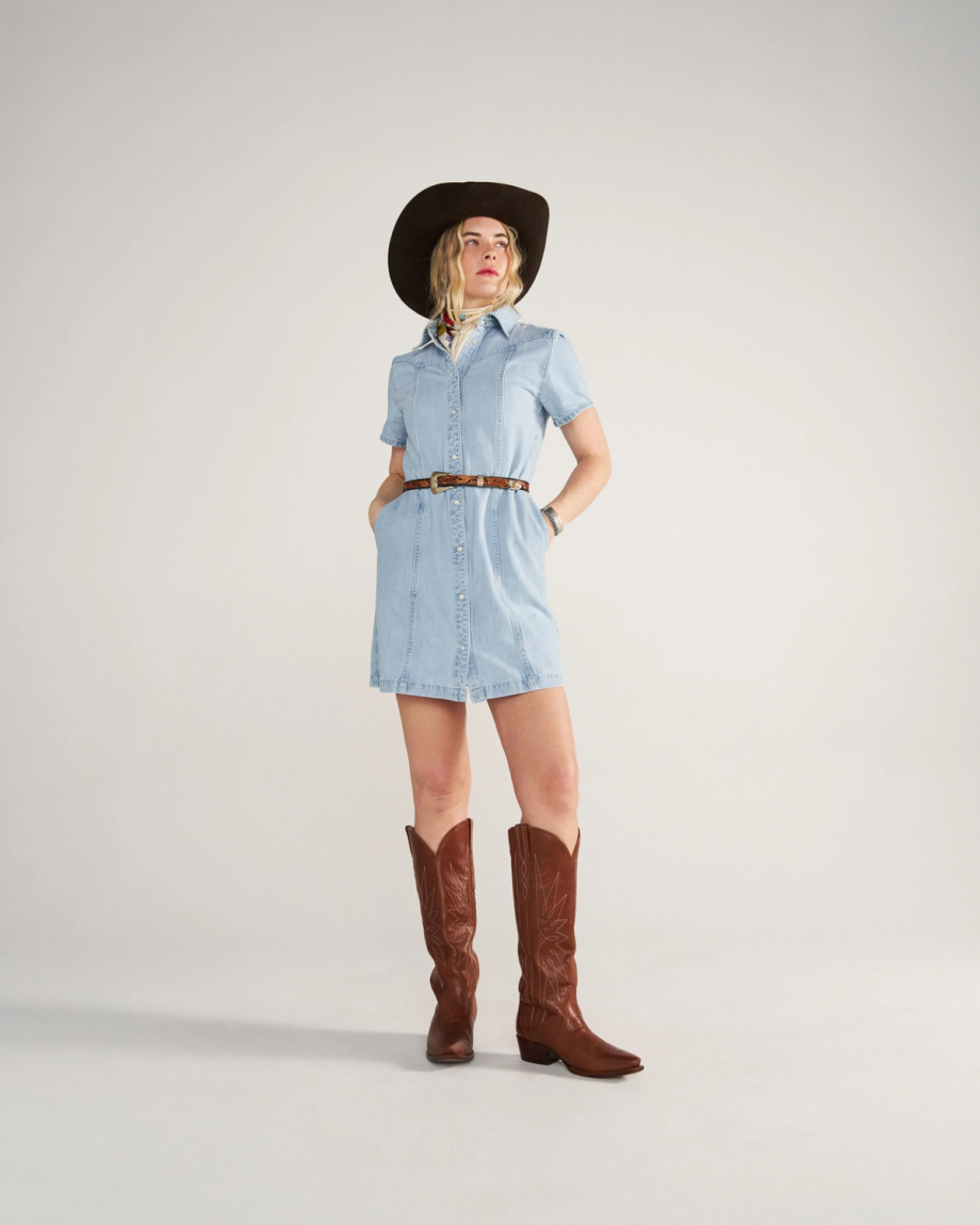 Women's Short Sleeve Mini Pearl Snap Dress - Image 10
