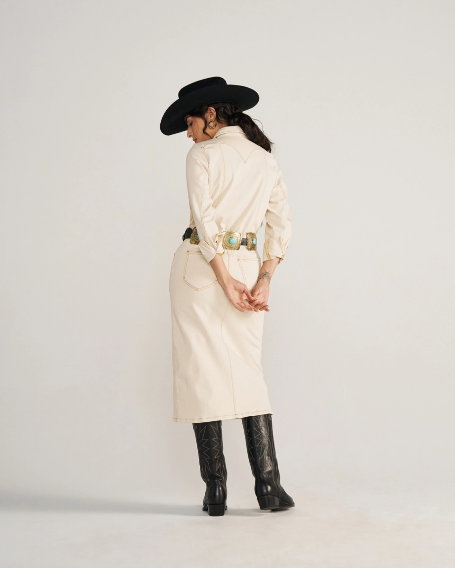 Women's Long Sleeve Natural Denim Midi Dress - Image 2